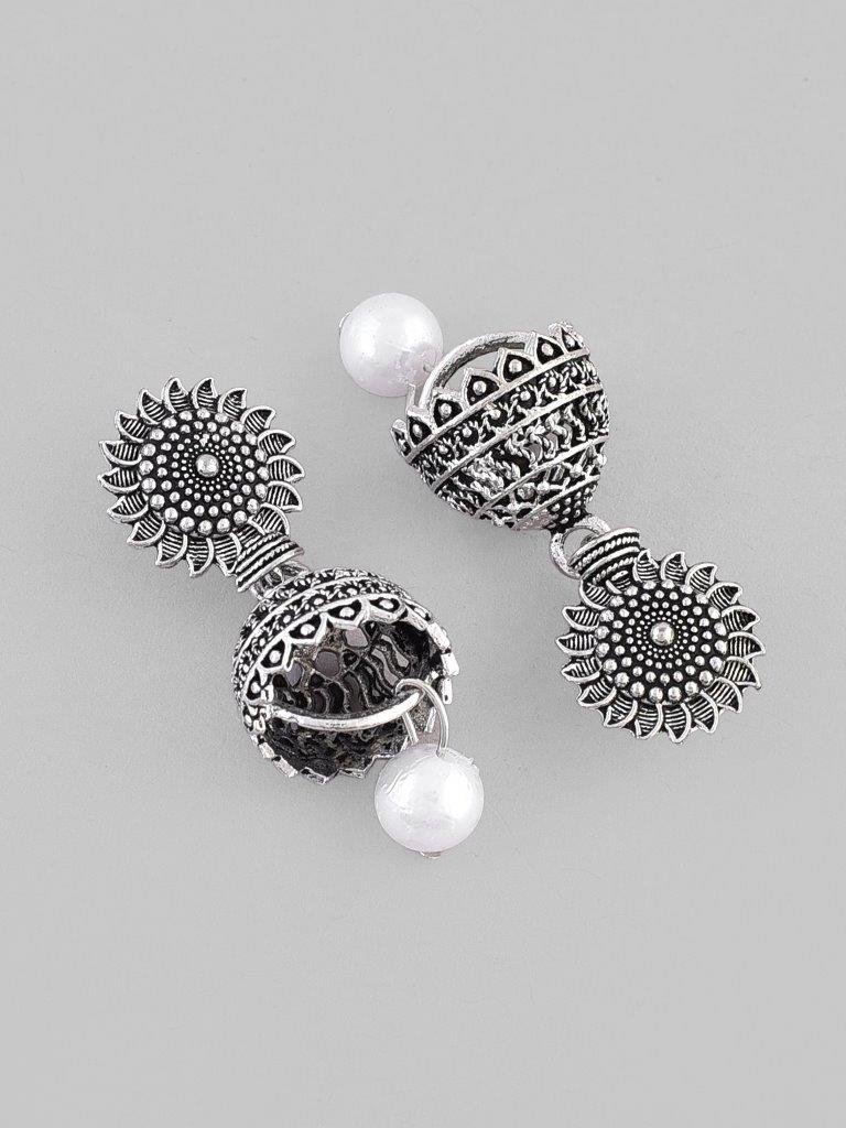 VOJ White Bead Studded Circular Oxidised Silver Plated Contemporary Jhumka - Distacart