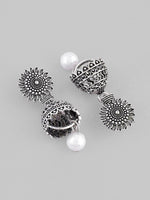 Thumbnail for VOJ White Bead Studded Circular Oxidised Silver Plated Contemporary Jhumka - Distacart