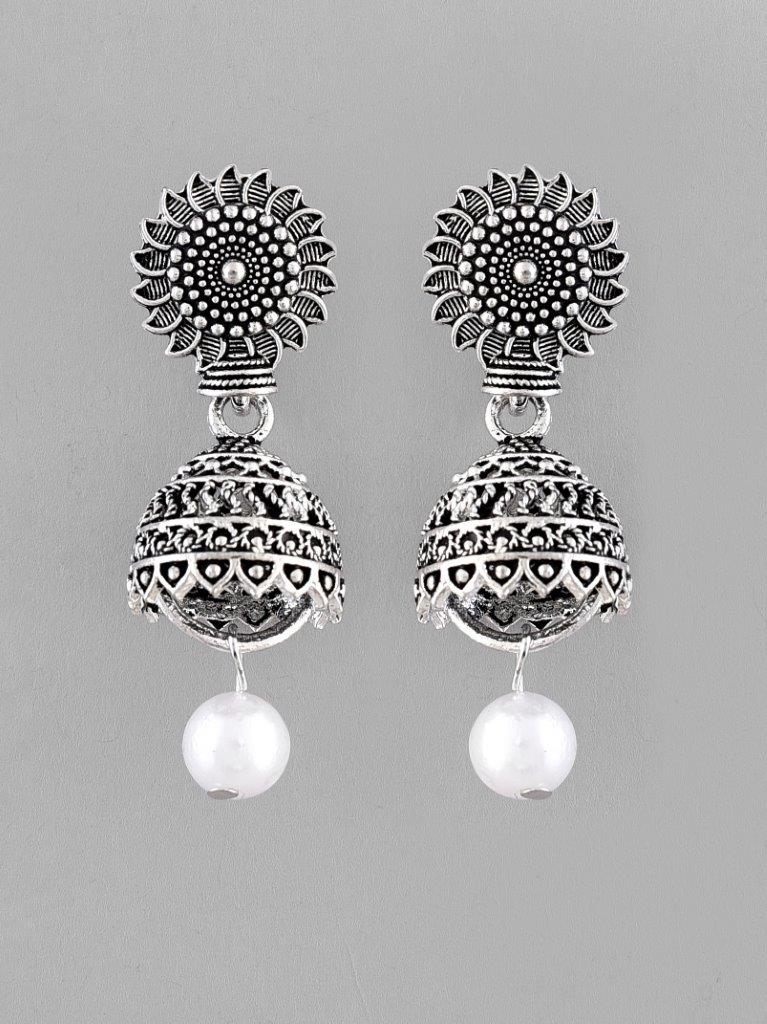 VOJ White Bead Studded Circular Oxidised Silver Plated Contemporary Jhumka - Distacart