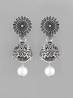 Thumbnail for VOJ White Bead Studded Circular Oxidised Silver Plated Contemporary Jhumka - Distacart