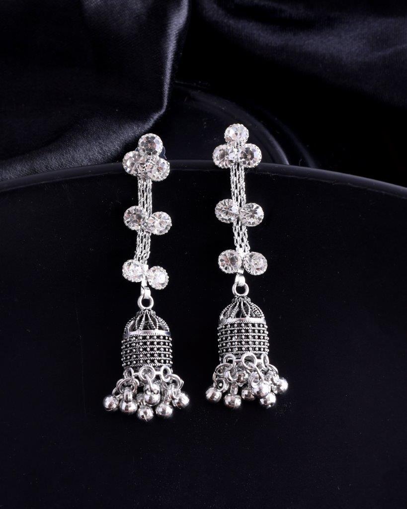 VOJ Studded Oxidised Silver Plated Contemporary Drop Earrings - Distacart