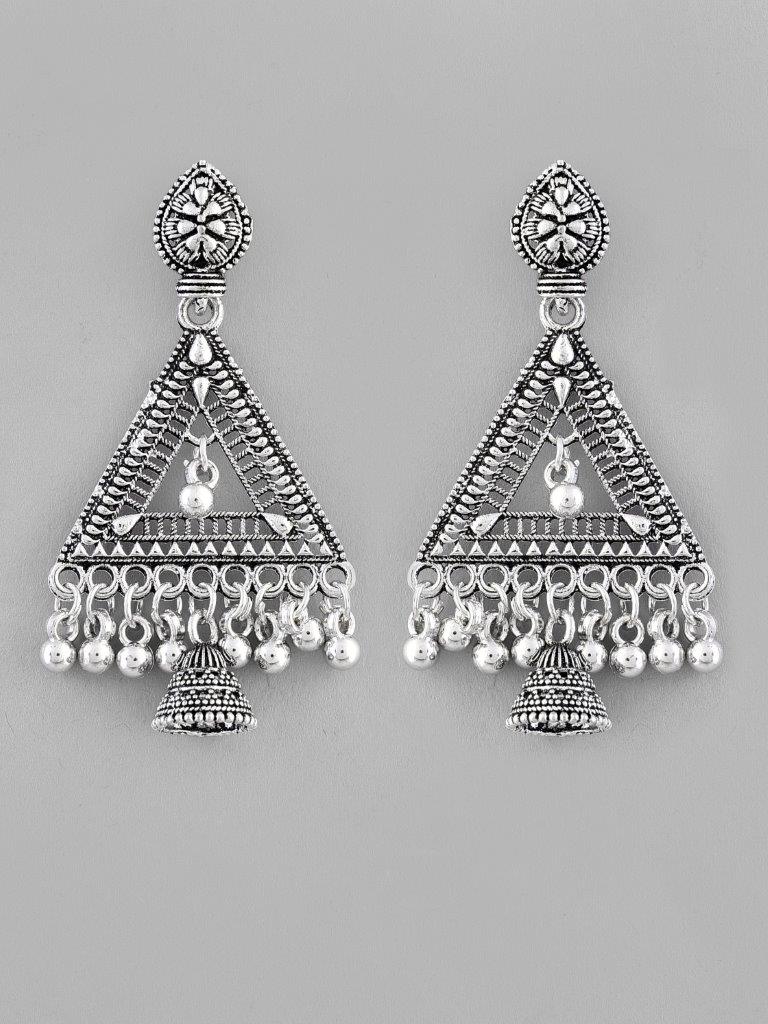 VOJ Studded Triangle Oxidised Silver Plated Contemporary Drop Earrings - Distacart