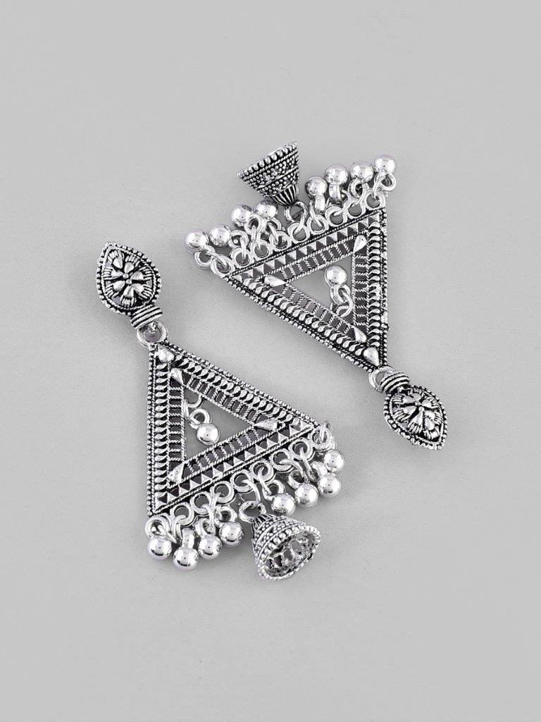 VOJ Studded Triangle Oxidised Silver Plated Contemporary Drop Earrings - Distacart