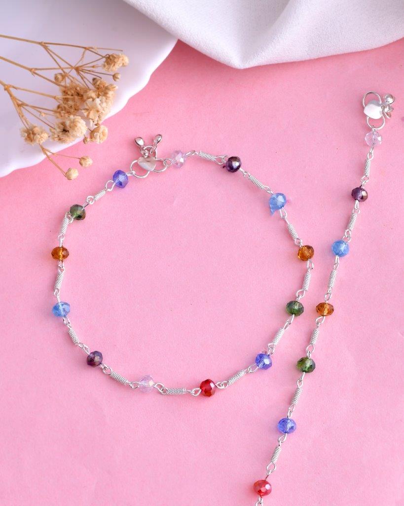 VOJ Set of 2 Silver Plated Multicolor Beads Anklets - Distacart