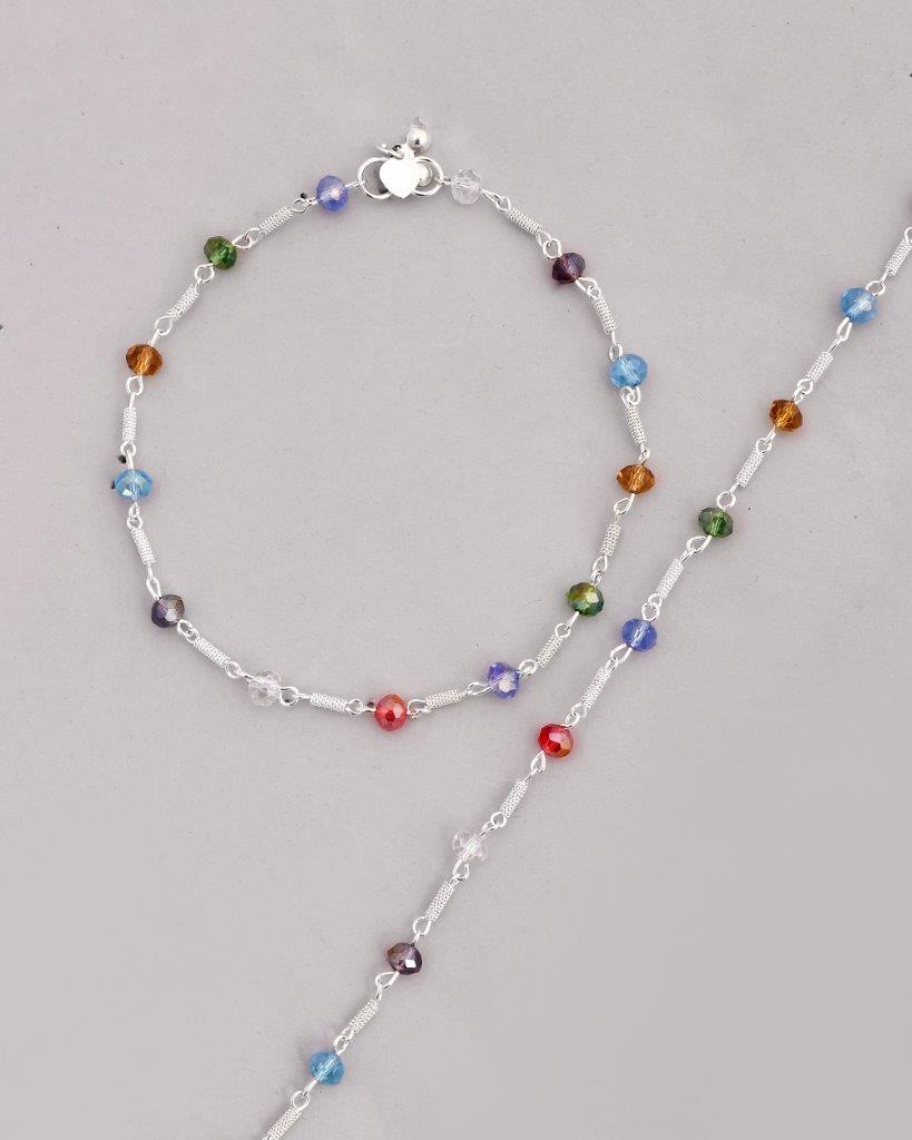 VOJ Set of 2 Silver Plated Multicolor Beads Anklets - Distacart