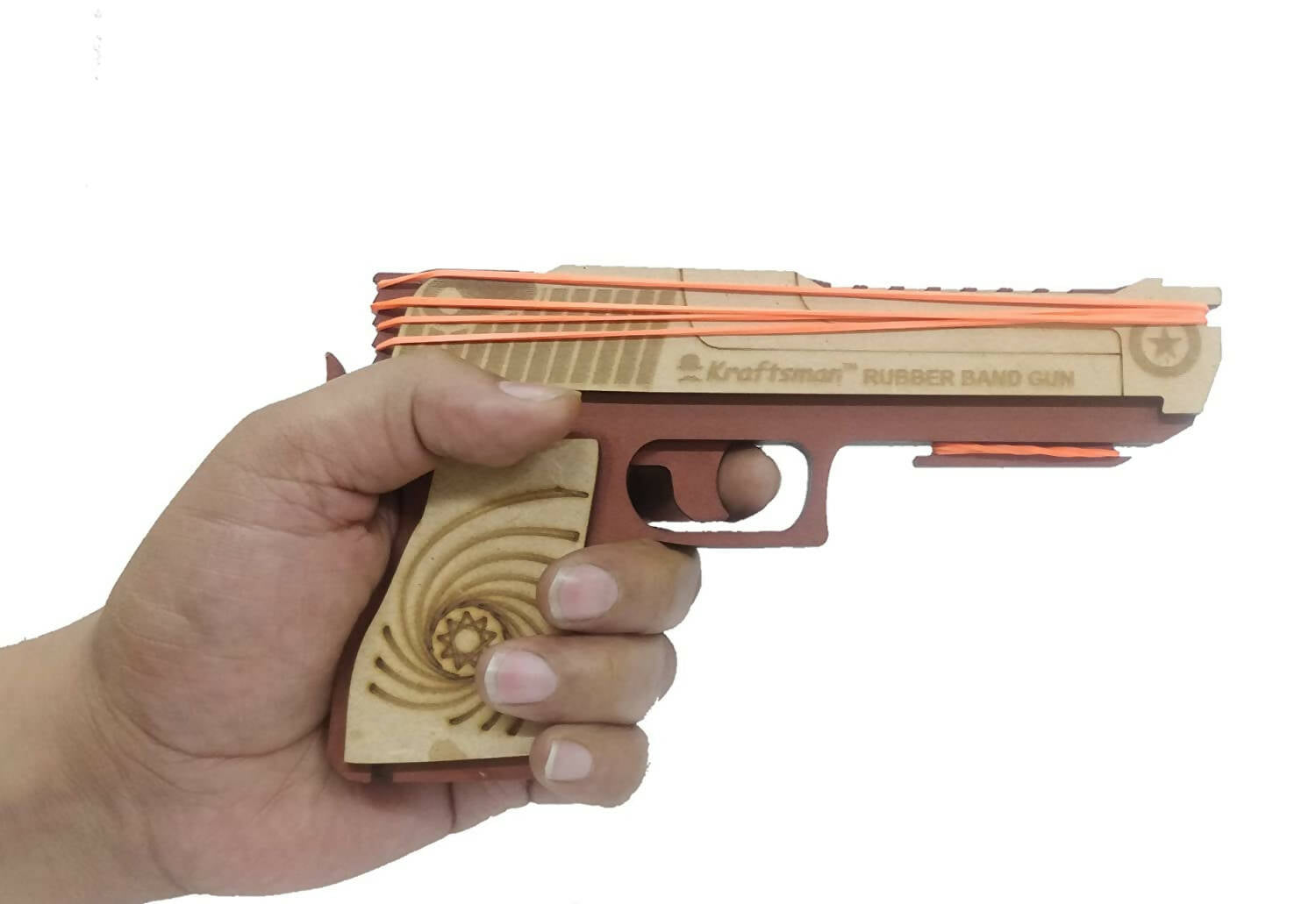 Kraftsman Kraftsman Semi-Automatic Wooden Rubber Band Shooting Gun Toys for Kids & Adults with Target | 5 Rapid Fire Shots (Dark Brown) - Distacart