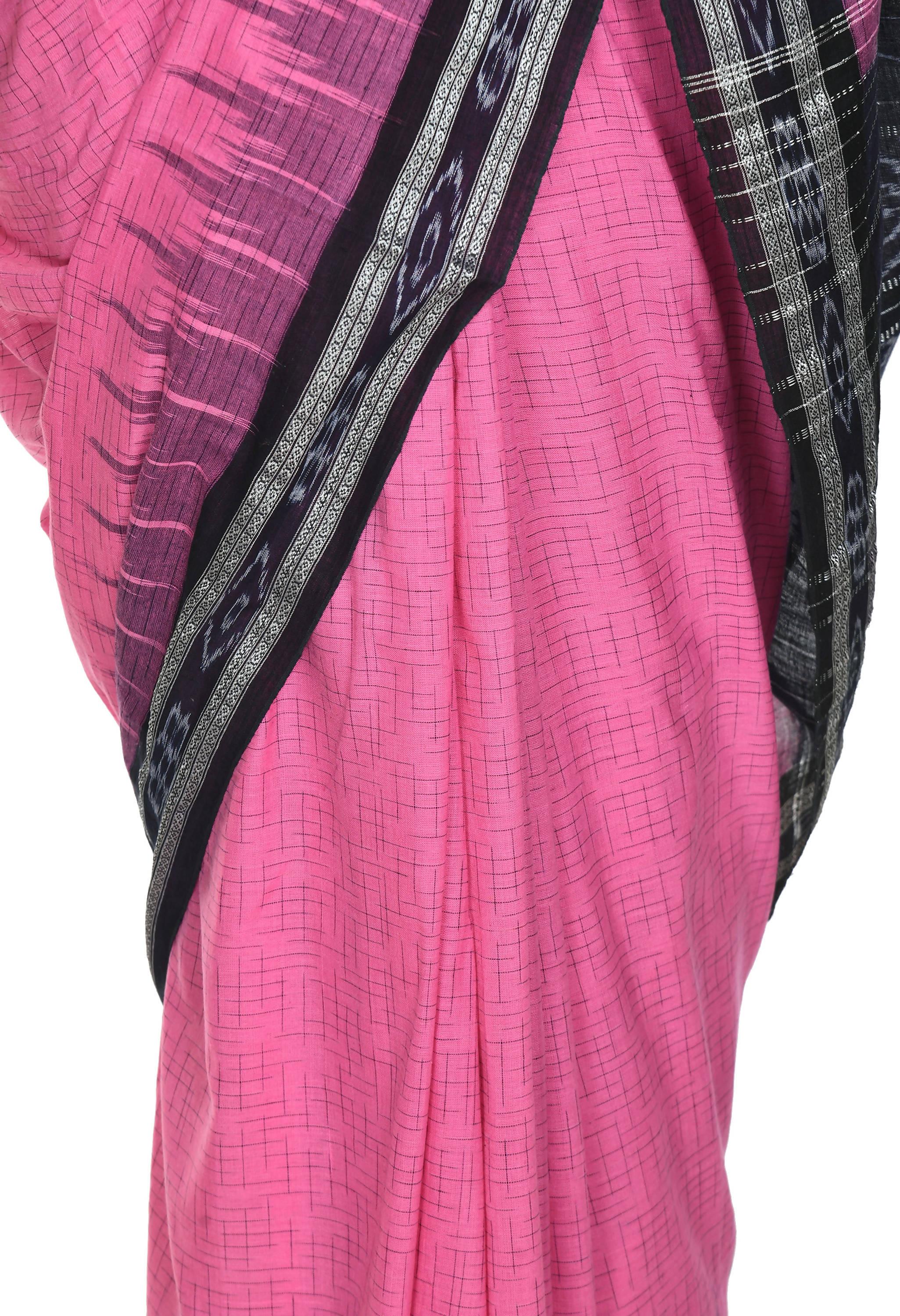 Vamika Sambalpuri Ikat Cotton Jharana Pink & Black Saree - Distacart