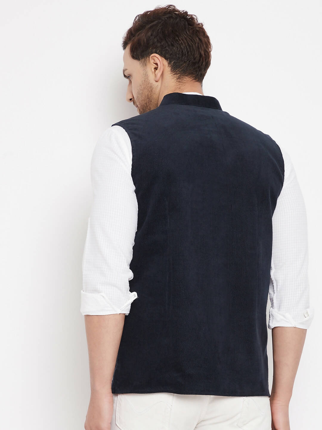 Even Apparels Navy Polyester Men's Nehru Jacket-Contrast Lining-Inbuilt Pocket Square - Distacart