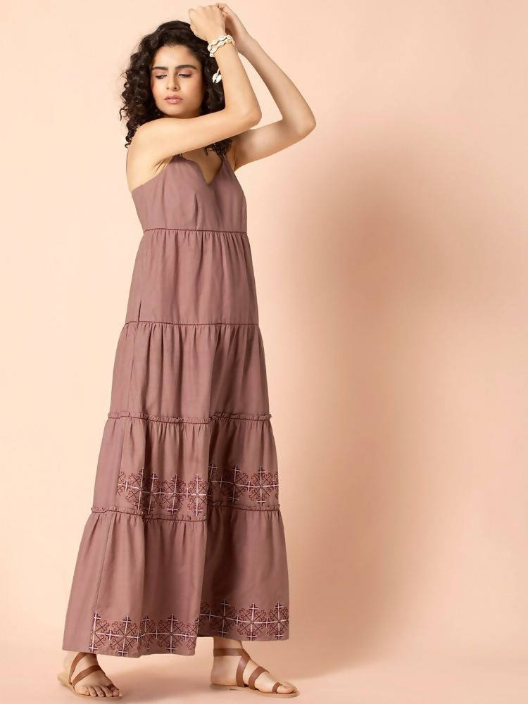 Indya Rose Pink Embroidered Tiered Maxi Dress - Distacart