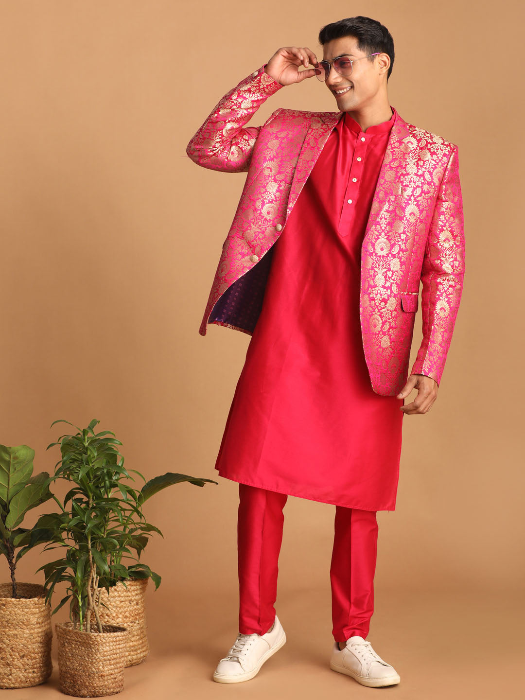 Shrestha by Vastramay Men's Pink Viscose Jacket, Kurta And Pyjama Set - Distacart