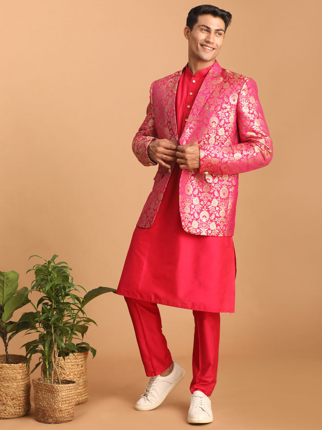 Shrestha by Vastramay Men's Pink Viscose Jacket, Kurta And Pyjama Set - Distacart