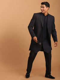Thumbnail for Shrestha by Vastramay Men's Navy Blue And Black Silk Blend Jacket, Kurta And Pyjama Set - Distacart