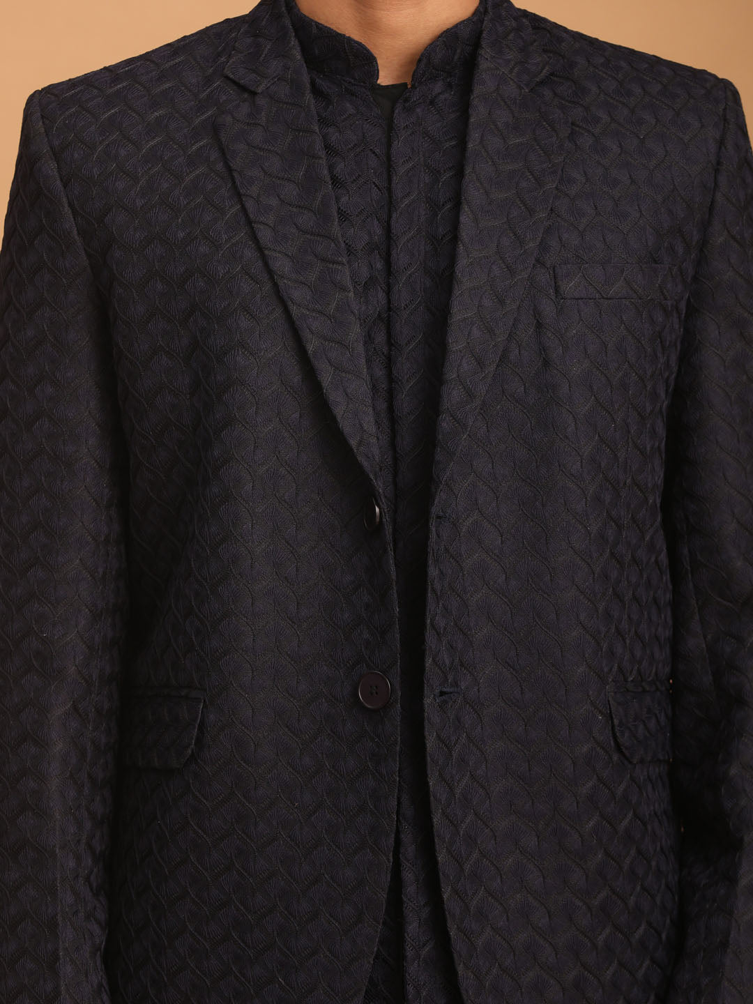 Shrestha by Vastramay Men's Navy Blue And Black Silk Blend Jacket, Kurta And Pyjama Set - Distacart
