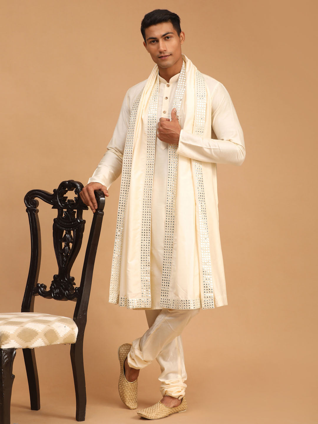 Shrestha by Vastramay Men's Cream Mirror Work Dupatta - Distacart