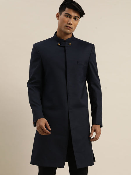 Shrestha By Vastramay Men's Navy Blue Silk Blend Sherwani Only Top - Distacart