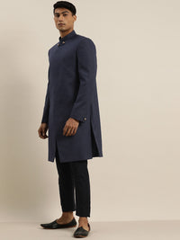 Thumbnail for Shrestha By Vastramay Men's Navy Blue And Black Silk Blend Sherwani Set - Distacart