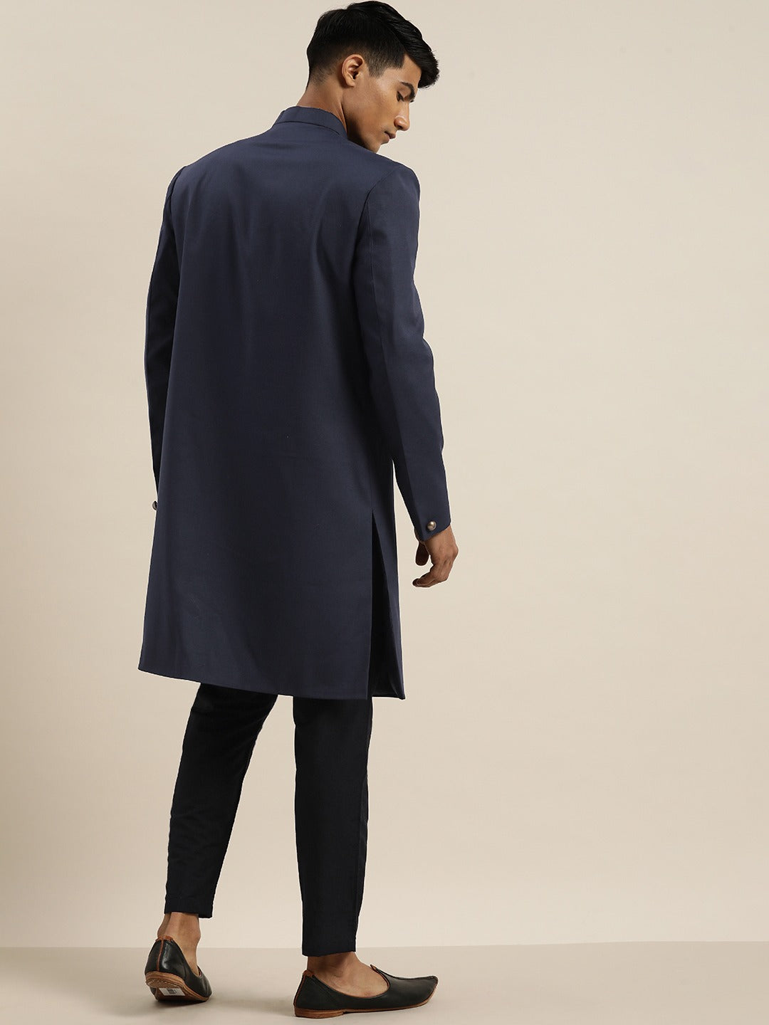 Shrestha By Vastramay Men's Navy Blue And Black Silk Blend Sherwani Set - Distacart