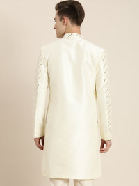 Thumbnail for Shrestha By Vastramay Men's Cream Silk Blend Sherwani Only Top - Distacart