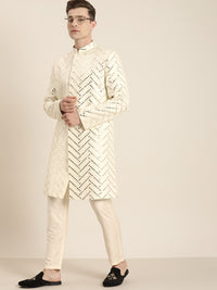 Thumbnail for Shrestha By Vastramay Men's Cream Silk Blend Sherwani Only Top - Distacart