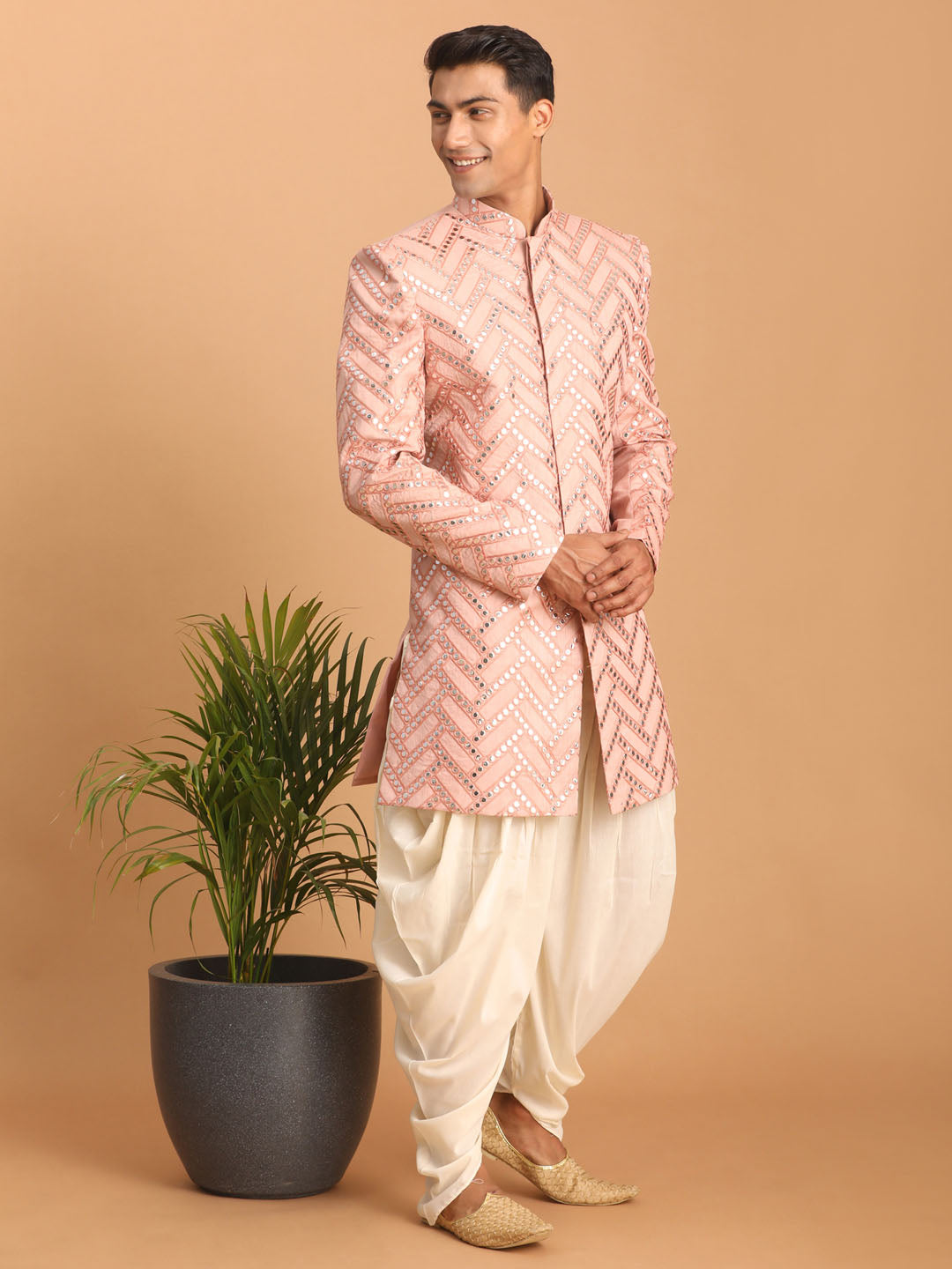 Shrestha by Vastramay Men's Pink Silk Blend Sherwani Set - Distacart