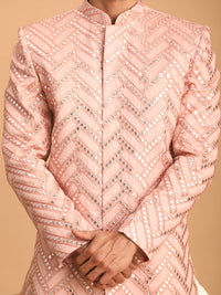 Thumbnail for Shrestha by Vastramay Men's Pink Silk Blend Sherwani Set - Distacart