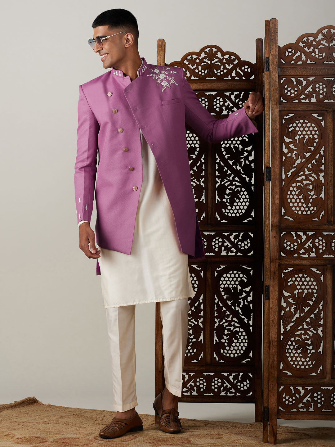 Shrestha by Vastramay Men's Purple And Cream Viscose Sherwani Set - Distacart