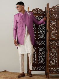 Thumbnail for Shrestha by Vastramay Men's Purple And Cream Viscose Sherwani Set - Distacart