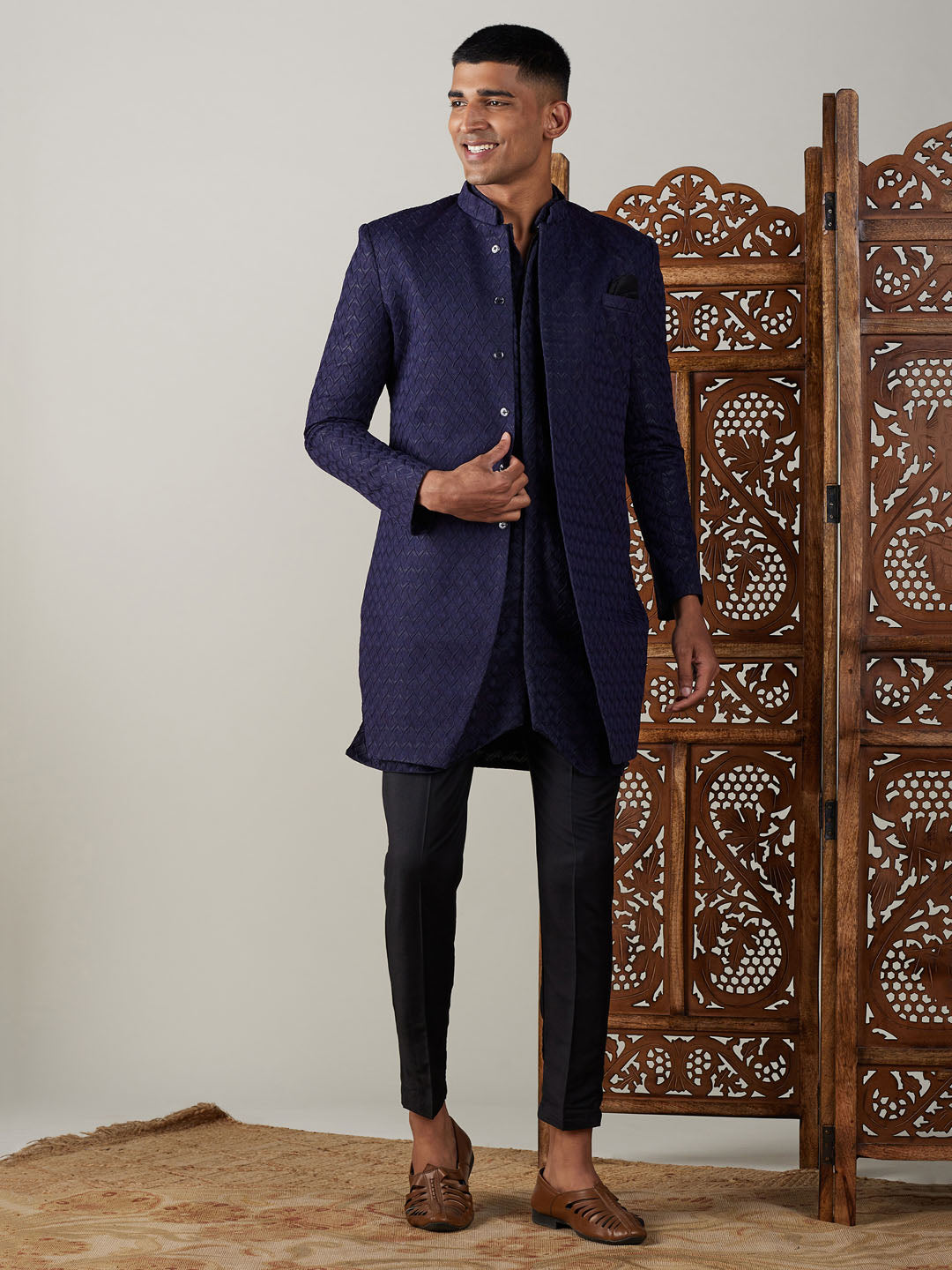 Shrestha by Vastramay Men's Navy Blue And Black Silk Blend Sherwani Set - Distacart