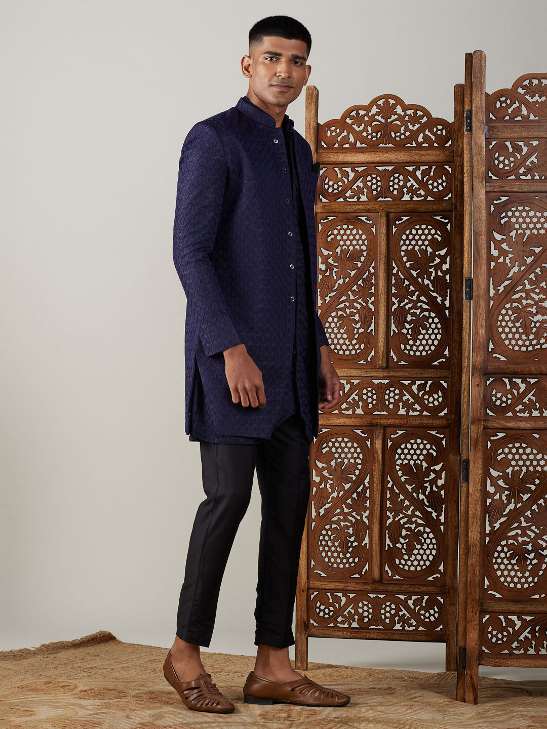 Shrestha by Vastramay Men's Navy Blue And Black Silk Blend Sherwani Set - Distacart