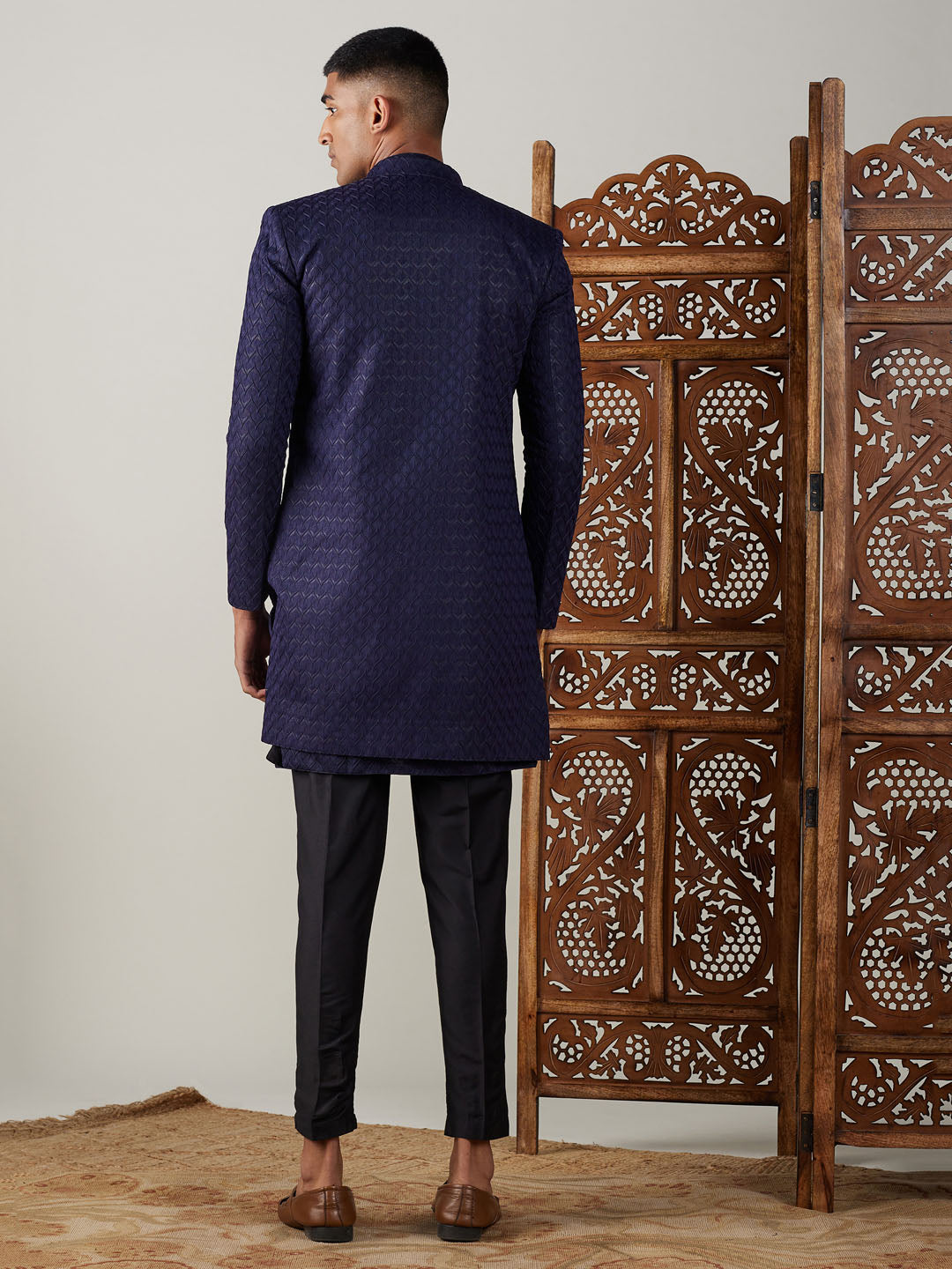 Shrestha by Vastramay Men's Navy Blue And Black Silk Blend Sherwani Set - Distacart