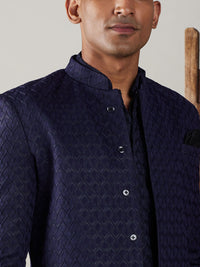 Thumbnail for Shrestha by Vastramay Men's Navy Blue And Black Silk Blend Sherwani Set - Distacart