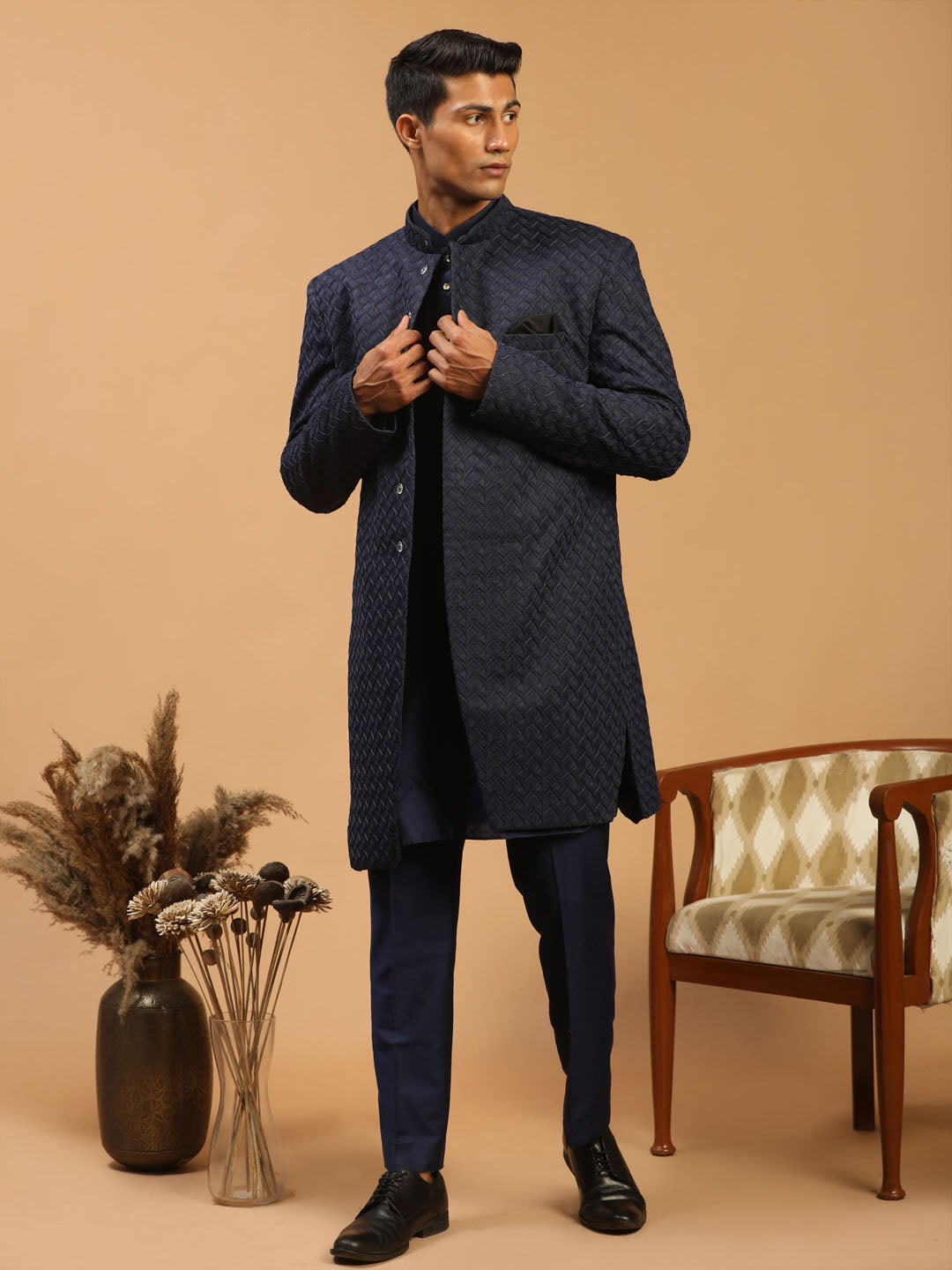 Shrestha by Vastramay Men's Navy Blue Viscose Sherwani Set - Distacart
