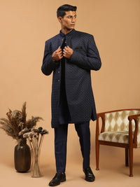 Thumbnail for Shrestha by Vastramay Men's Navy Blue Viscose Sherwani Set - Distacart