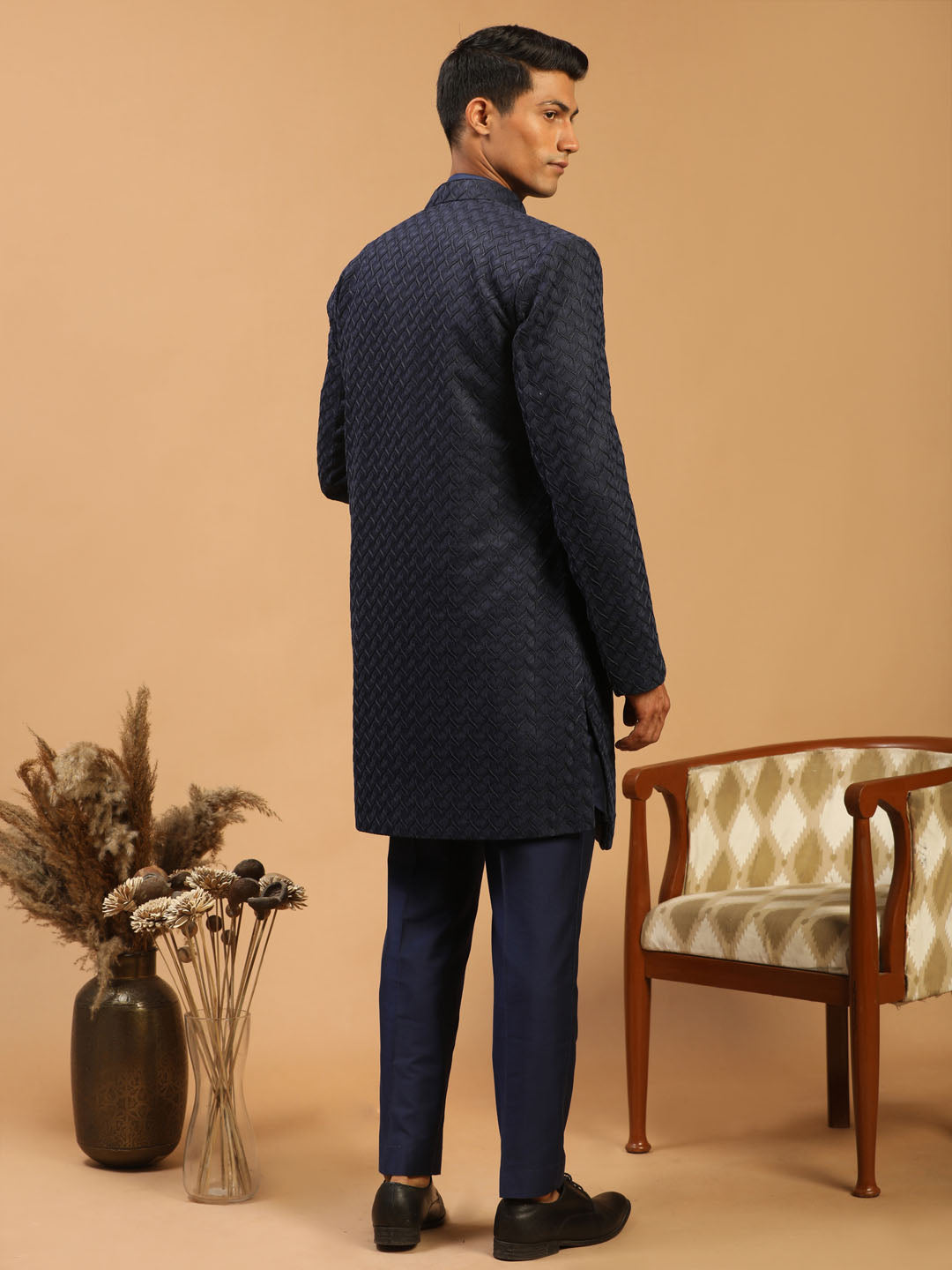 Shrestha by Vastramay Men's Navy Blue Viscose Sherwani Set - Distacart