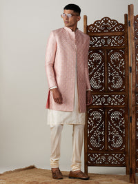 Thumbnail for Shrestha by Vastramay Men's Cream And Peach Viscose Sherwani Set - Distacart