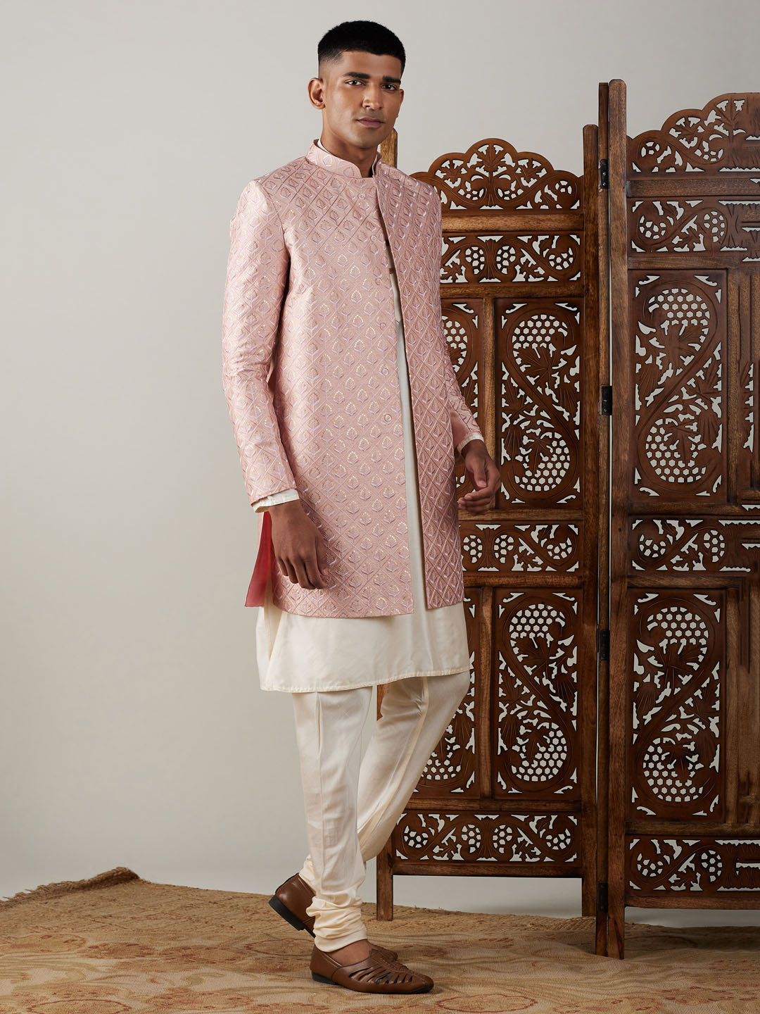 Shrestha by Vastramay Men's Cream And Peach Viscose Sherwani Set - Distacart