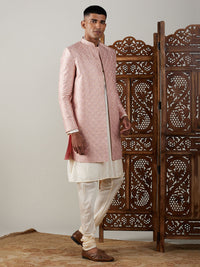 Thumbnail for Shrestha by Vastramay Men's Cream And Peach Viscose Sherwani Set - Distacart