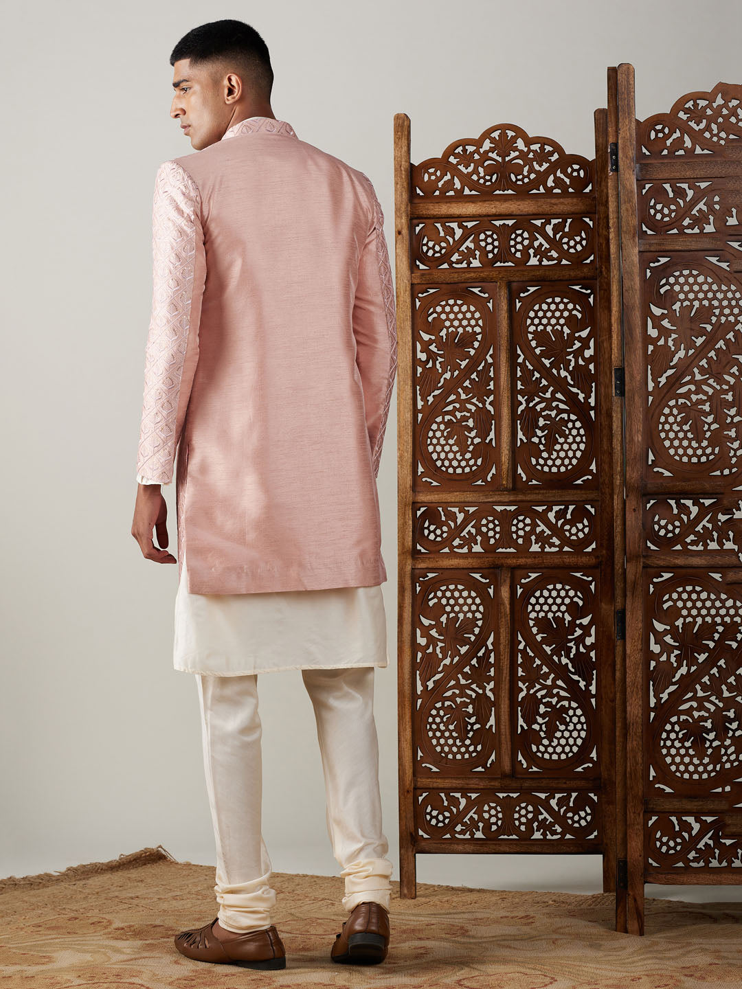 Shrestha by Vastramay Men's Cream And Peach Viscose Sherwani Set - Distacart