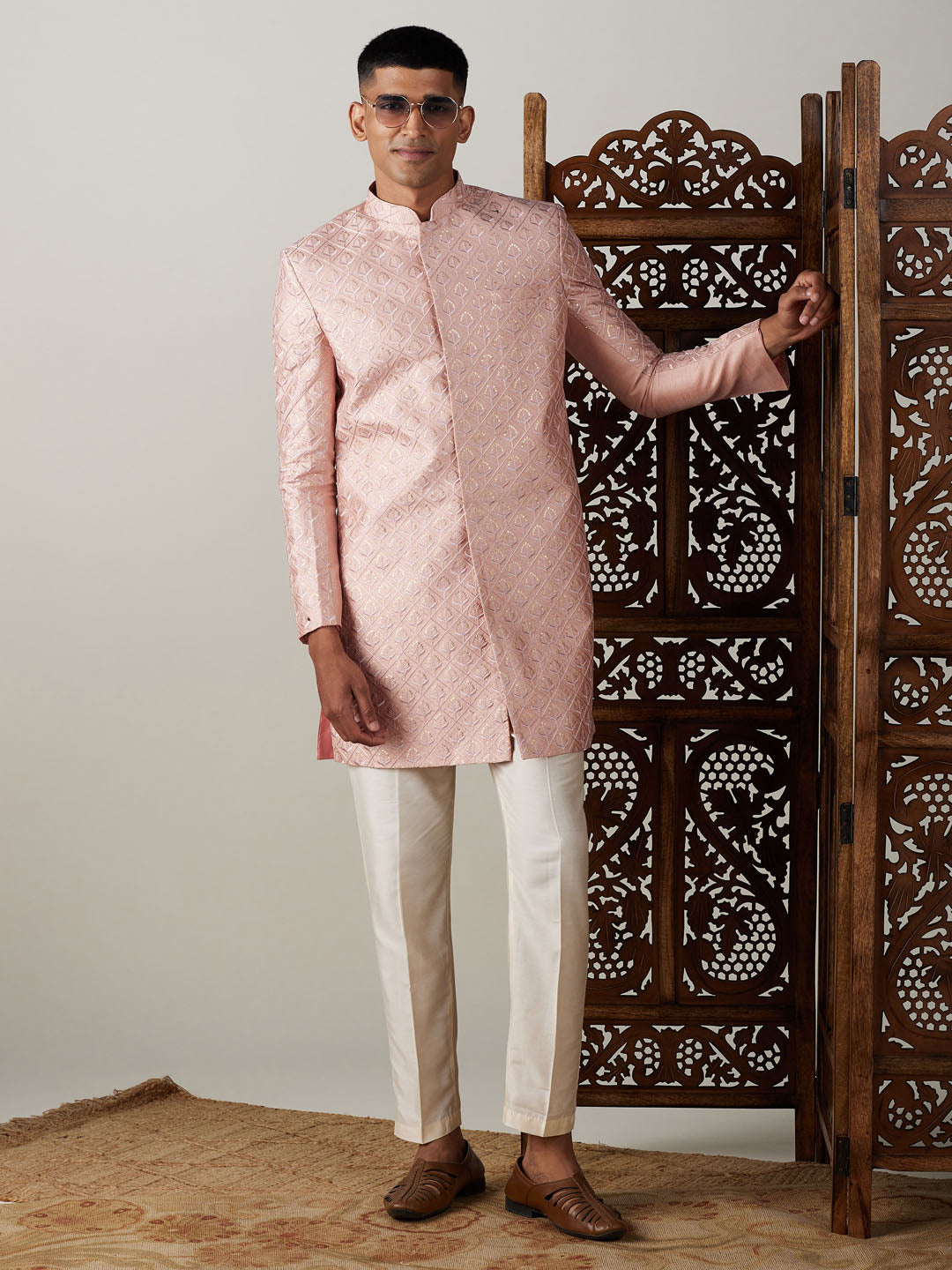 Shrestha by Vastramay Men's Peach Silk Blend Sherwani Set - Distacart