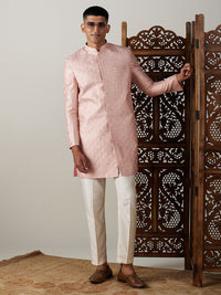 Thumbnail for Shrestha by Vastramay Men's Peach Silk Blend Sherwani Set - Distacart