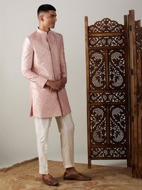 Thumbnail for Shrestha by Vastramay Men's Peach Silk Blend Sherwani Set - Distacart