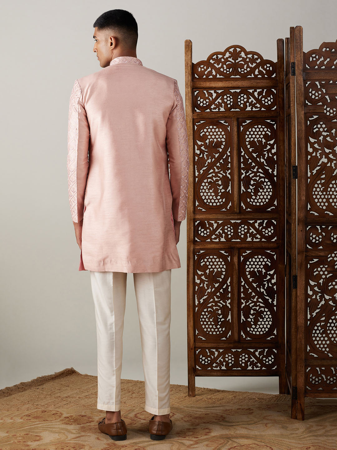 Shrestha by Vastramay Men's Peach Silk Blend Sherwani Set - Distacart