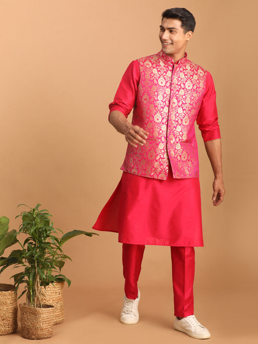 Shrestha by Vastramay Men's Pink Viscose Jacket, Kurta And Pyjama Set - Distacart