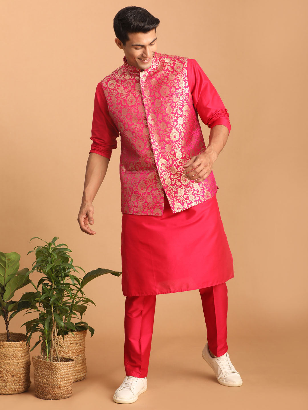 Shrestha by Vastramay Men's Pink Viscose Jacket, Kurta And Pyjama Set - Distacart