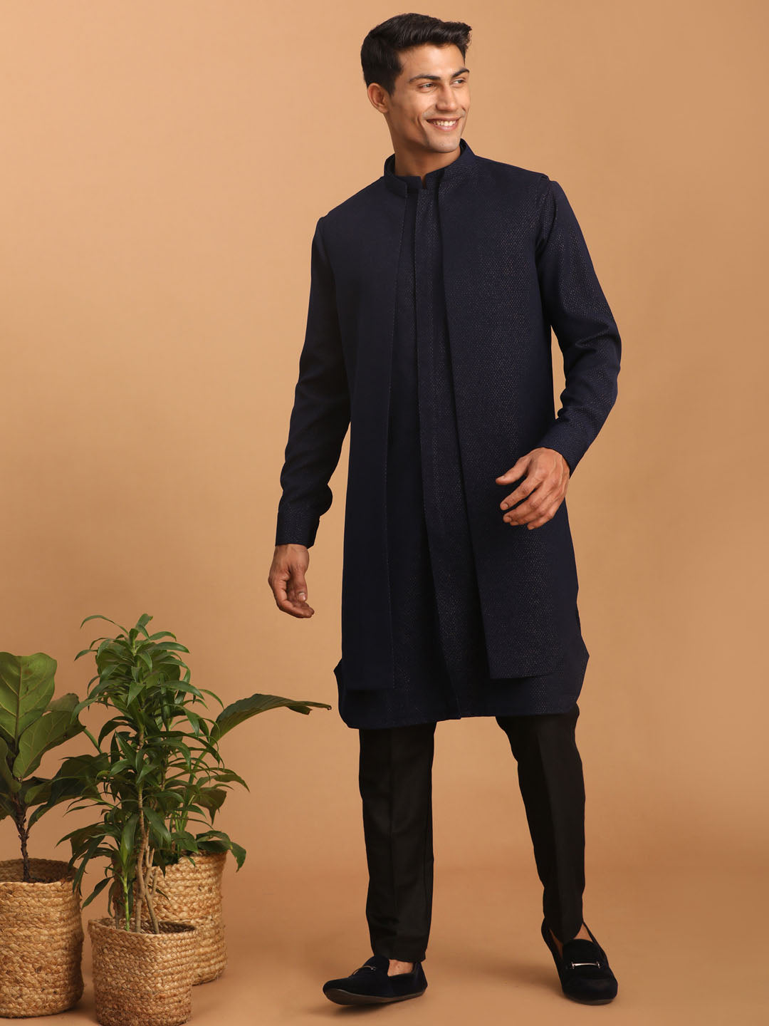 Shrestha by Vastramay Men's Navy Blue And Black Cotton Blend Jacket, Kurta And Pyjama Set - Distacart