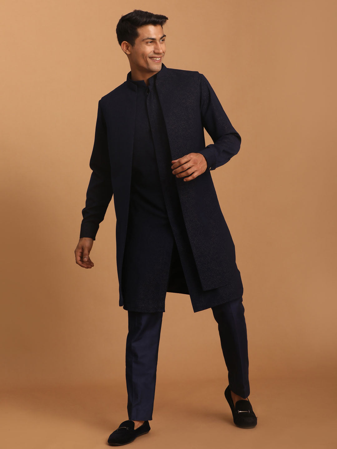 Shrestha by Vastramay Men's Navy Blue Cotton Blend Jacket, Kurta And Pyjama Set - Distacart