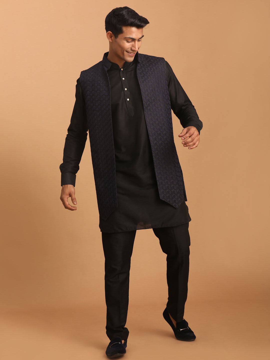 Shrestha by Vastramay Men's Navy Blue And Black Viscose Jacket, Kurta And Pyjama Set - Distacart