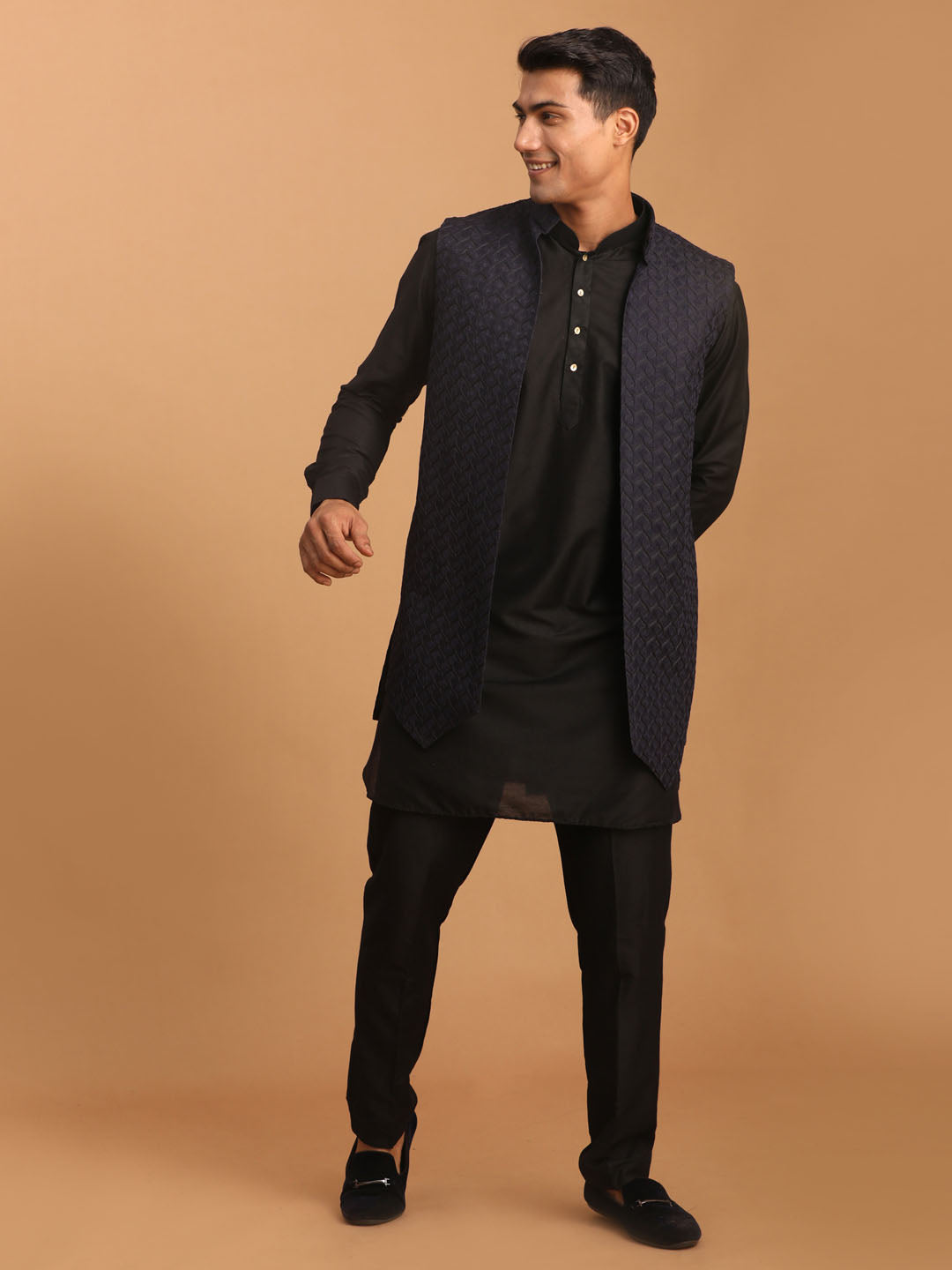 Shrestha by Vastramay Men's Navy Blue And Black Viscose Jacket, Kurta And Pyjama Set - Distacart