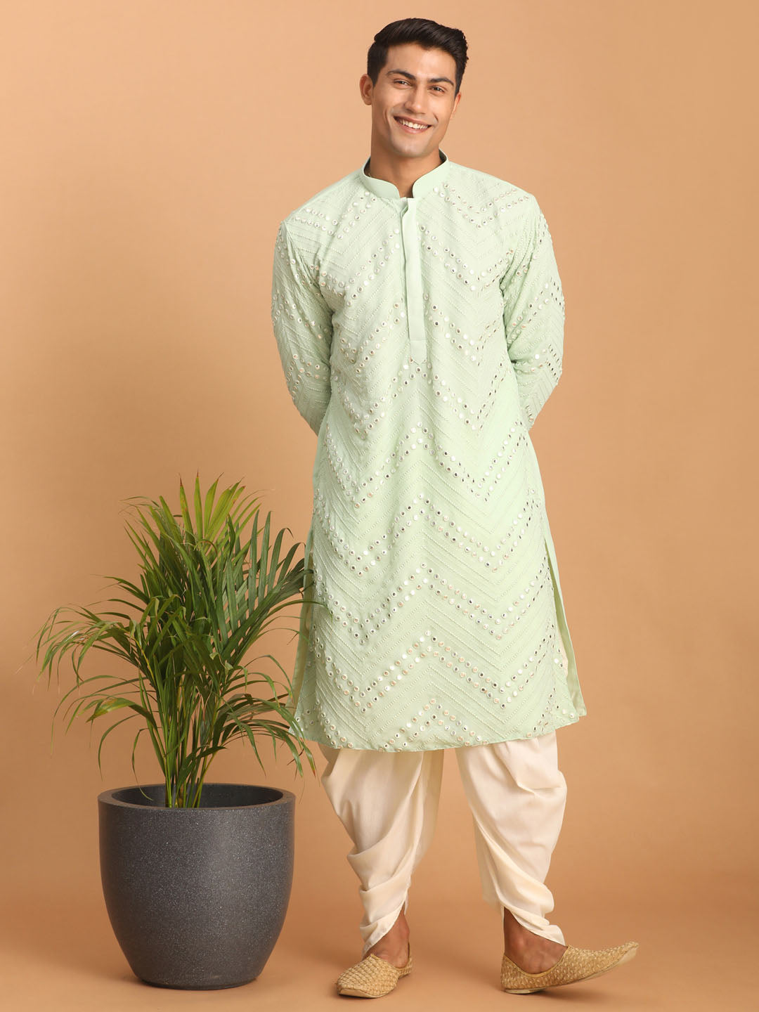 Shrestha by Vastramay Men's Mint Green And Cream Georgette Kurta And Dhoti Pant Set - Distacart
