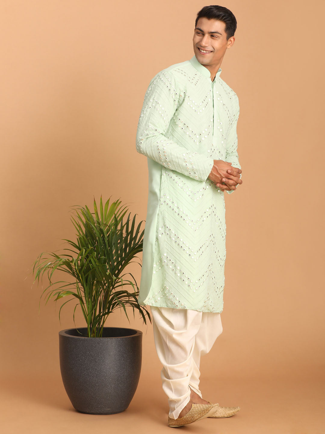 Shrestha by Vastramay Men's Mint Green And Cream Georgette Kurta And Dhoti Pant Set - Distacart